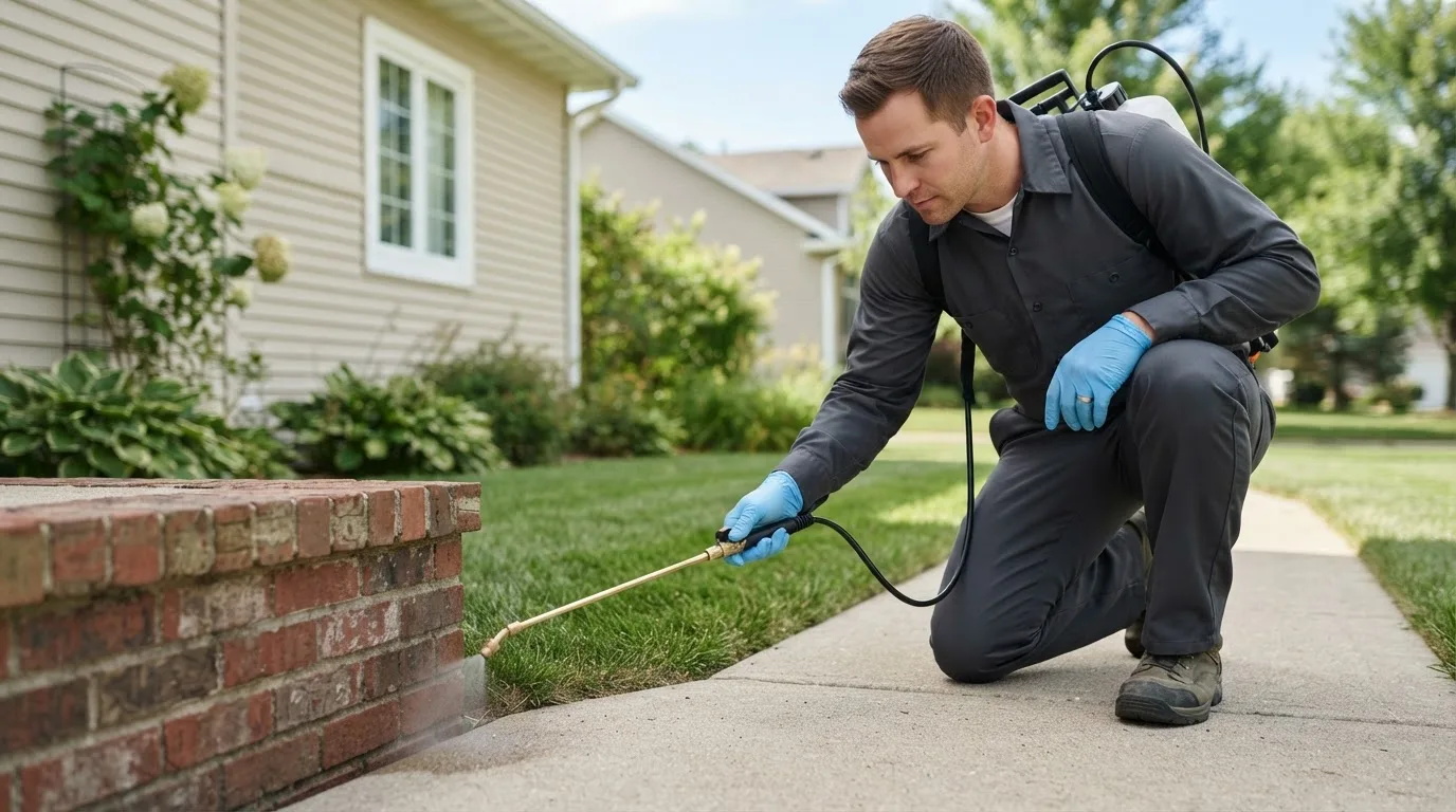 Pest control technician treating a home near Winchester, KS